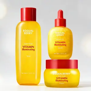 EQQUALBERRY Vitamin Illuminating 3-piece set: toner, serum, cream. Formulated with Vitamin C, Niacinamide & ceramides to target dark spots, protect skin barrier, and leave skin hydrated and glowing.