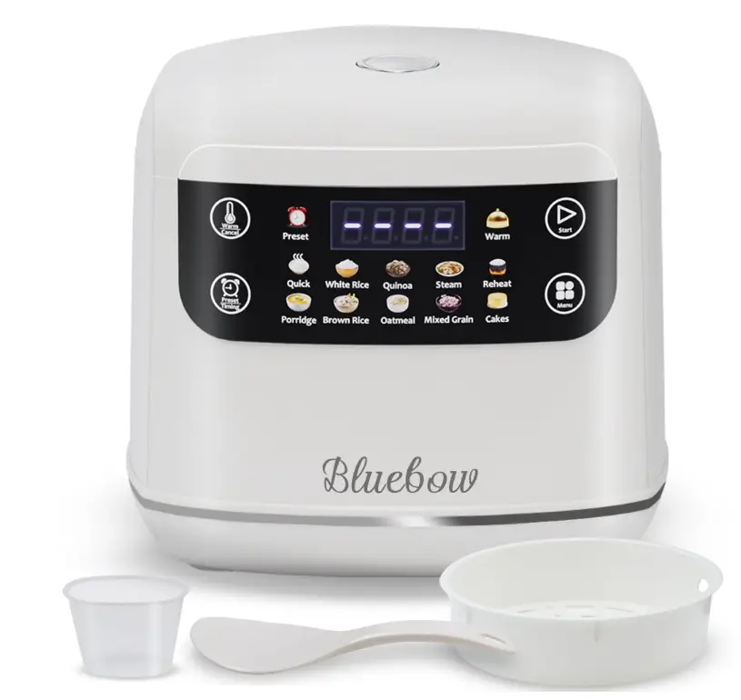 Bluebow Digital Rice Cooker, 6-Cup/2.1QT Small Rice Maker, 10 Presets, 24-Hour Delay Timer & Keep Warm, Non-Stick Inner Pot