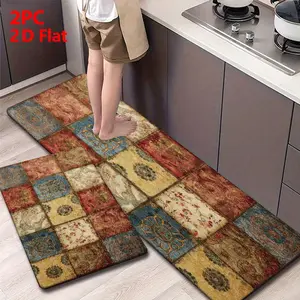 2/3pcs Soft Flannel Kitchen Mat Set, Vintage Bohemian Patchwork Design, Non-Slip, Water Absorbent Rug, Ideal for Bathroom, Laundry Room, Hallway