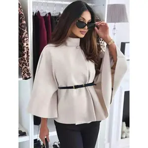 Women's Elegant Loose-Fitting Cape Windbreaker Jacket, Waist Belt Decorative Fashion Coat, Spring & Fall Woven Fabric Outerwear