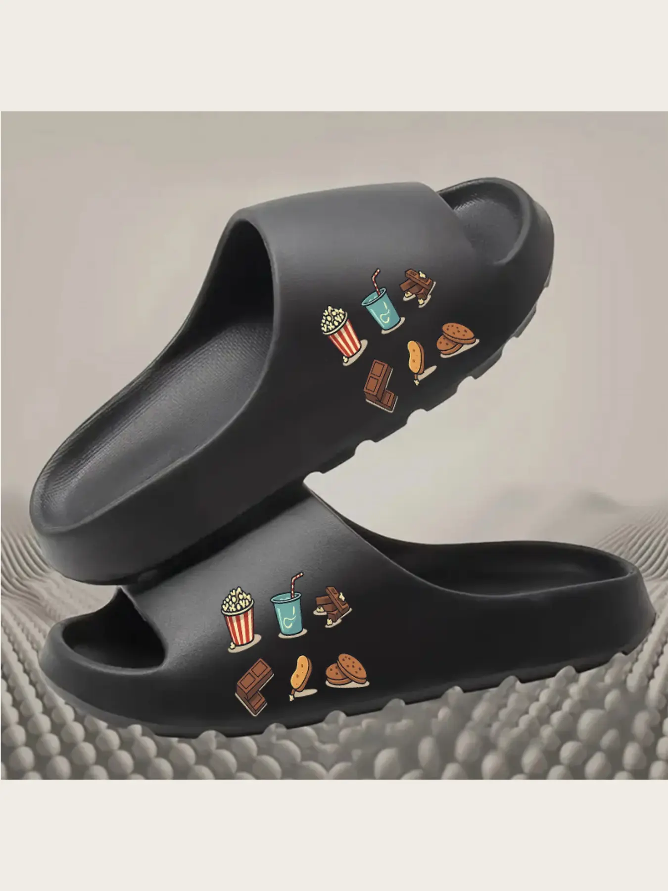 Cartoon Food Print Slippers for Women Men Kids Cute Popcorn Drink Chocolate Cookies Pattern Non-Slip Home Indoor Comfortable Soft Sole Slides Sandals Casual Daily Slippers Unisex Summer Beach Shoes