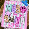 [Custom] Comfort Colors Teacher Name Shirt, Striped Neon Coquette Bow Tee, Personalized Teacher T-Shirt, Back to School Teacher Gift
