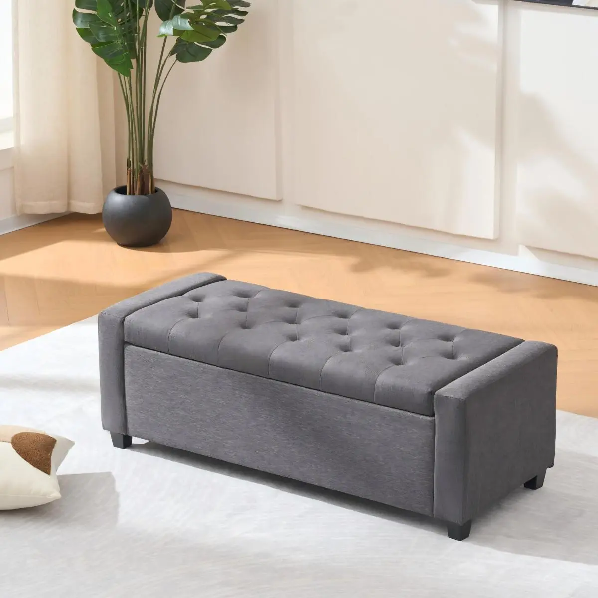 H & M 48" Rectangle Faux Linen Upholstery Wood Ottoman Storage Bench - 48.00 x 19.60 x 16.50 in, Button Tufting, Armrests, Diamond Stitching, Assembly Required, for Bedroom, Living Room, Traditional