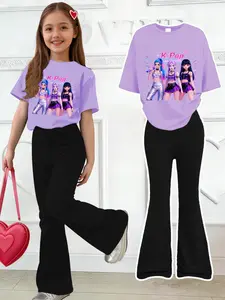 Girls' Korean Street 2-Piece Set: K-POP Girl Group Print T-Shirt + Black Flared Pants, Soft Skin-Friendly Fabric, Niche Trendy-Cool Style, Purple-Tone Girl Group Element for Personality, Perfect for School & Summer Play (Bag not included)