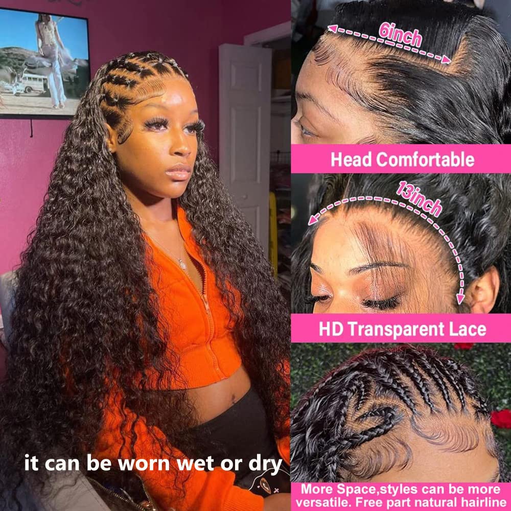 MYLOCKME Hair 180 Density 13x6 Water Wave Pre Plucked HD Transparent Lace Front Human Hair Wig 180% Water Wave Lace Wig 13x4 Deep Wave Curly Wigs For Women