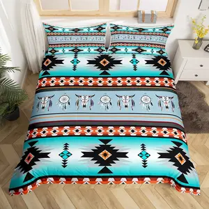 Western Boho Duvet Cover,Highland Cow Dream Catcher Comforter Cover,Southwestern Ethnic Tribal Arrow Aztec Bed Set（Zipper Closure）,No Comforter