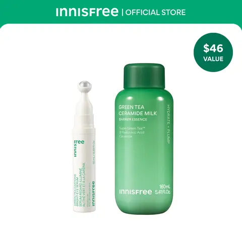 [Innisfree Official] Green Tea Depuff + Hydrate Milky Skin Care Set - Lightweight Green Tea Refresh Serum Duo