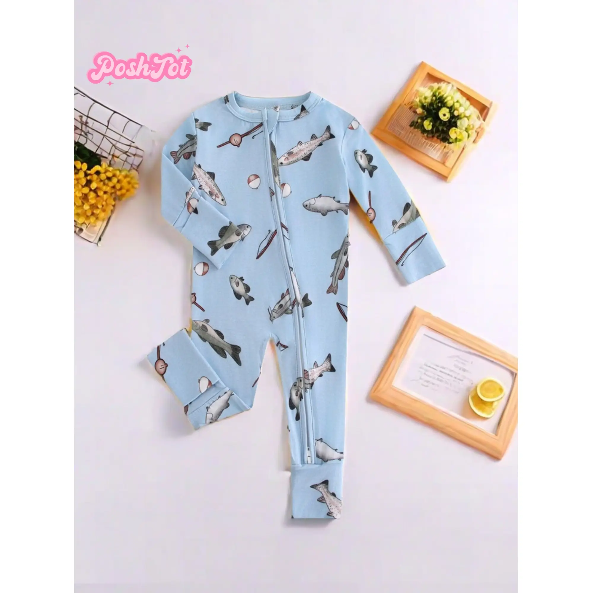 POSHTOT Blue Fish 220gsm bamboo fiber breathable bamboo baby short sleeve zipper romper bodysuit,. Easy 2-way zipper, convertible mittens for newborns