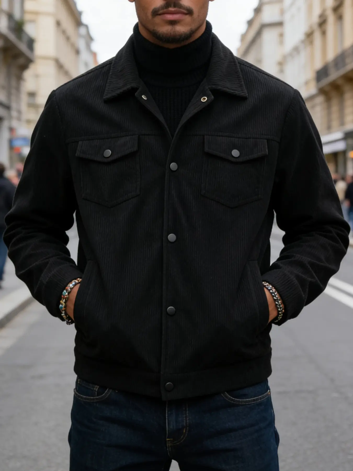 Men's Corduroy Work Jacket, Button Front with Snap Closure, Chest Pockets, Casual Fitted Long Sleeve, Wear Resistant Fabric, Coats