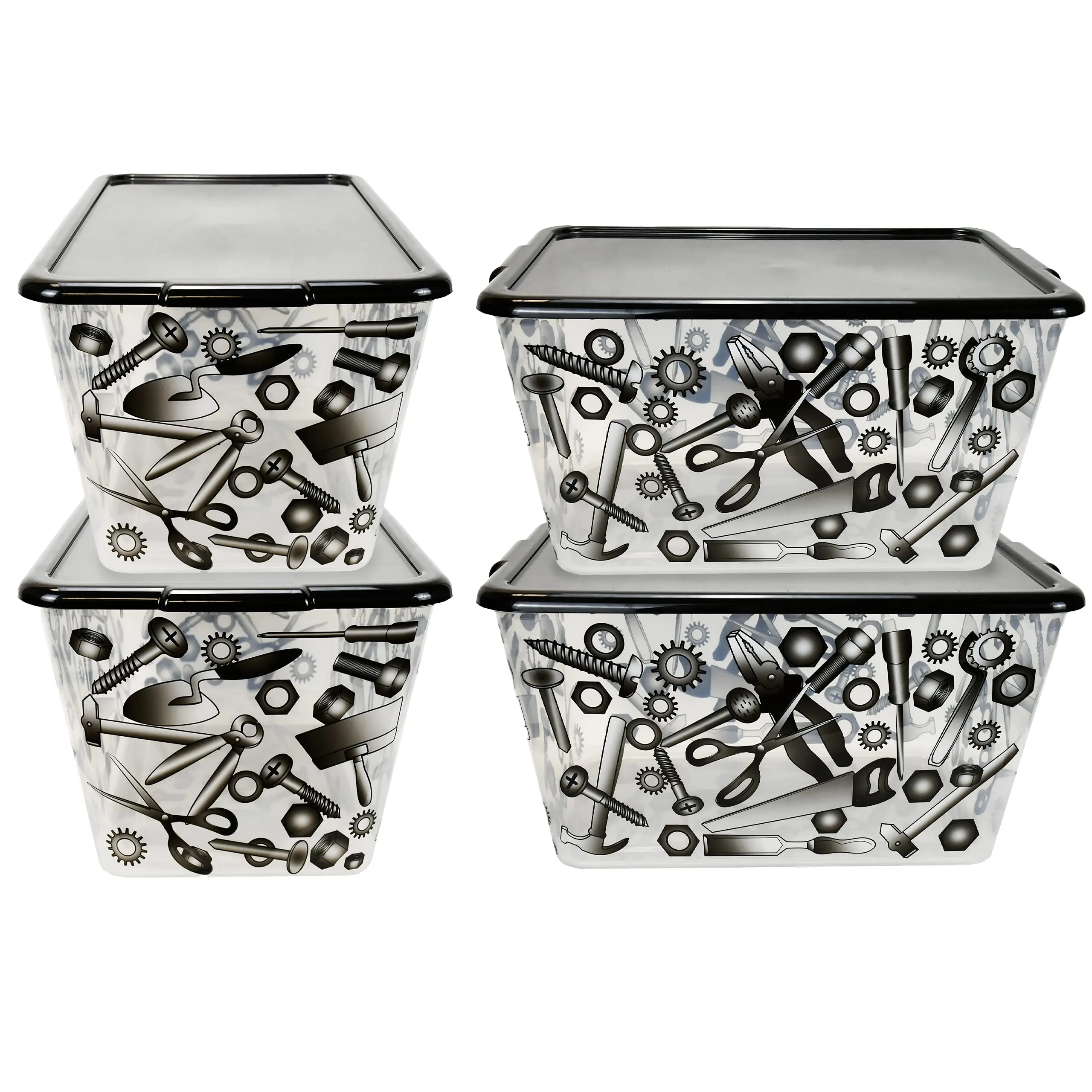 SIMPLYKLLEEN 4-Pack 14.5 Gal Plastic Storage Totes with Lids, Made in USA, Tool-Print Decorative Stackable Bins Organizer Black/Tool Clear,for Garage, Household Organizing