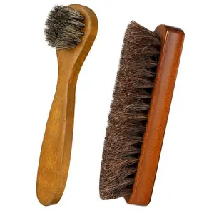 2 Pcs Horsehair Shoes Brushes Kit with Sturdy Wooden Handles for Leather Footwear Care and Polishing