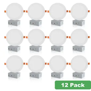 6 Inch 5CCT Dimmable 12W Black LED Recessed Lighting with Junction Box Ultra-Thin,1050LM Canless Downlight for Kitchen Hallway Dining Room,6/12P