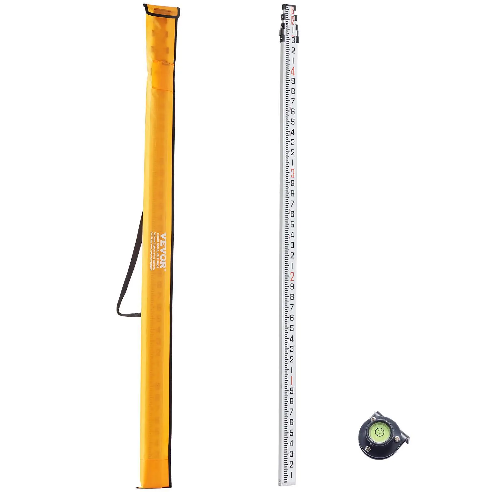 【summerfinds】VEVOR Aluminum Grade Rod, 16-Feet/10ths 4 Sections Telescopic Measuring Rod,Double-Sided Scale 1/10ft Leveling Rod Stick,Aluminum Alloy Survey Rod w/ Bubble Level &Carrying Bag for Houses,Walls,Floors