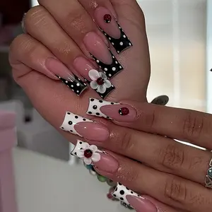 Aura Nails - Ladybug Polka Dot French Nails with 3D Flowers