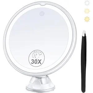 30X Magnifying Lighted Makeup Mirror 3 Color Modes Adjustable Brightness 360° Swivel with Suction Cup 8 Inches for Bathroom Precision Makeup