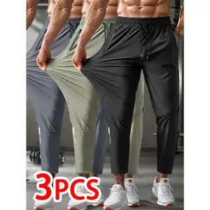 3pcs Men's Stretchy Drawstring Joggers - Casual Athletic Pants with Zippered Pockets, Nylon Blend, Solid Color