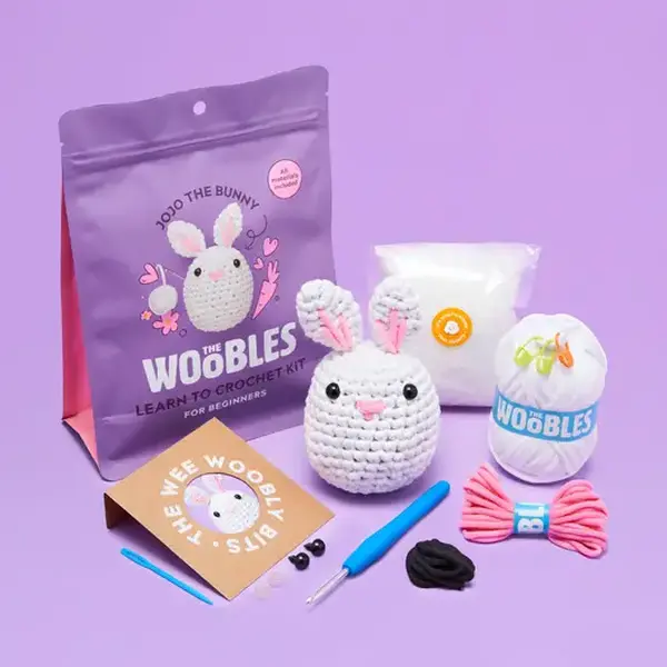 Wobbles Bunny Crochet Kit for Beginners Ages 12+, Right-Handed & Left-Handed Users - Includes Yarn, Stuffing, Ergonomic Crochet Hook, Plastic Eyes, Step-by-Step Video Tutorials
