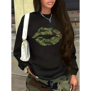 Women's Camo Lip Print Loose Pullover Sweatshirt, Comfortable Long Sleeve Round Neck Top, Casual Fashion for Fall & Winter