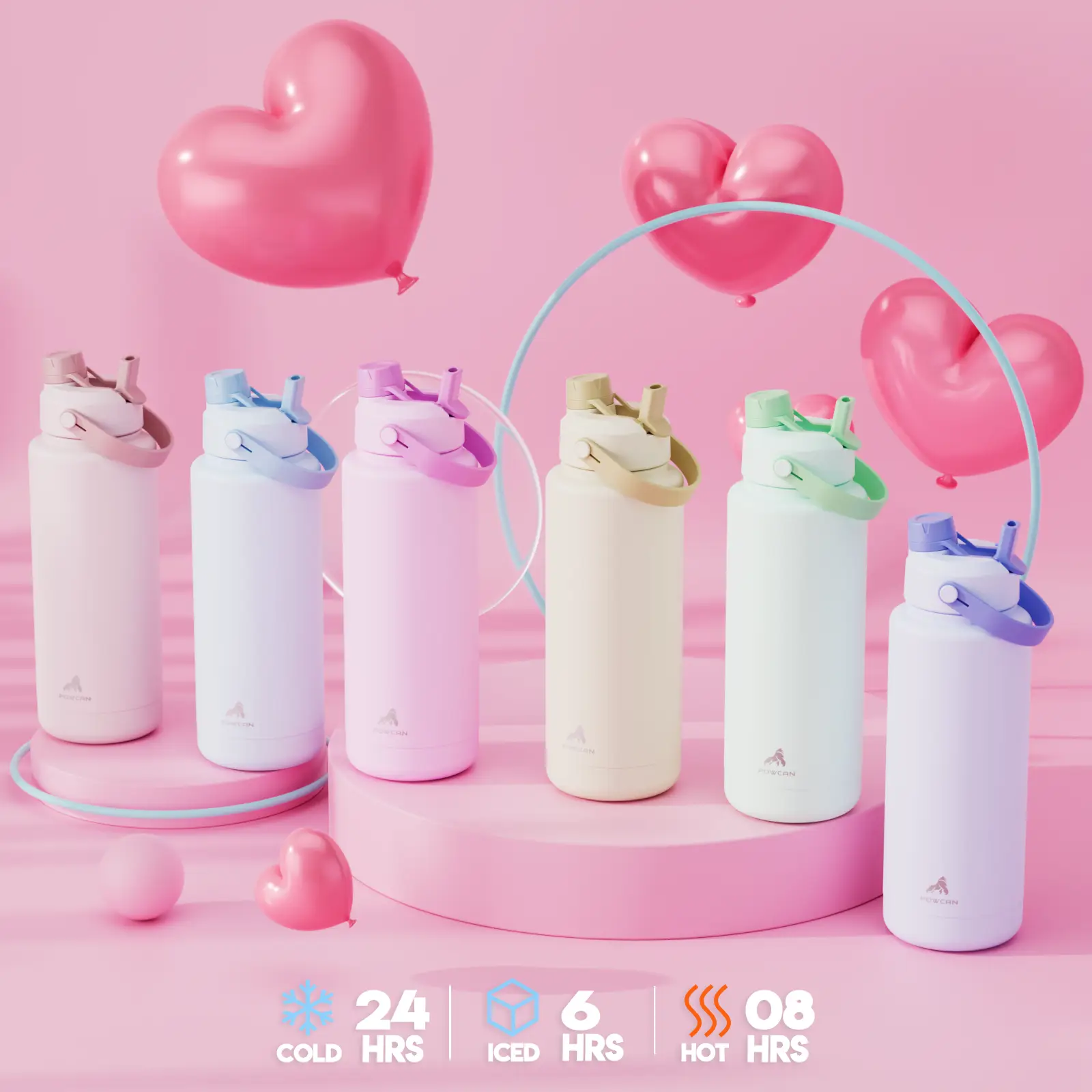 【Valentine's Day】POWCAN 40 oz Insulated Water Bottle with 2-in-1 Straw and Spout Lid, Keep Cold 24H, Leak-Proof, BPA-Free, Double Wall Stainless Steel