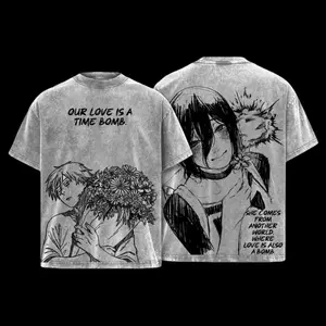 Chainsaw Man Reze Arc Double Printed Tee - Vintage Acid Wash Oversized Heavy Cotton Retro Denji x Reze Unisex Anime Streetwear Gift For Otaku Fans