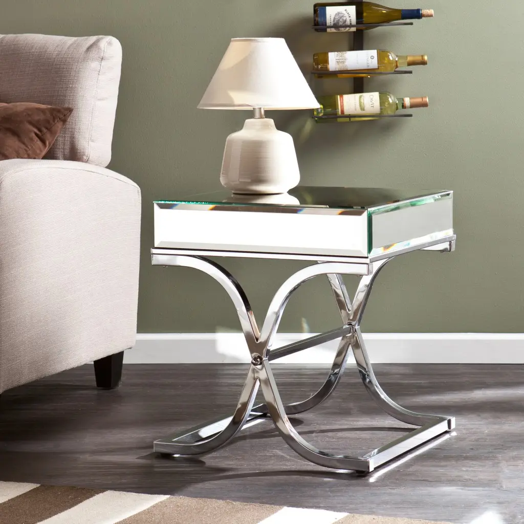22 in. Glass & Iron Square Mirrored End Table, Silver