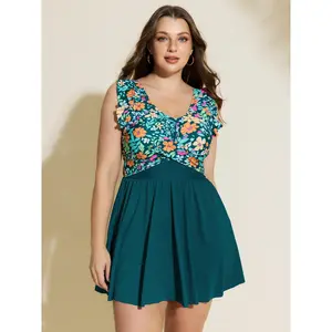 BLOOMCHIC Plus Size Floral Print Color Contrast Pockets Swim Dress [M-6X]2026 Summer Vibes Swimweek