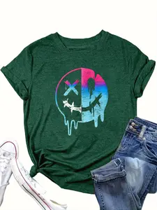 【Plus Size】 Gradient Face Print Round Neck Tee, Fashion Casual Crew Neck Short Sleeve T-shirt for Daily Outdoor Wear, Casual Everyday Wear, Women Clothing for All Seasons