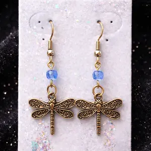 Dragonfly Earrings with Blue Beads and Intricate Design for Women's Fashion