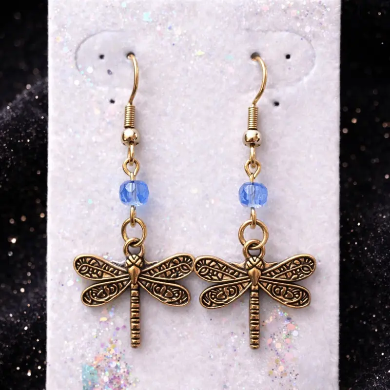 Dragonfly Earrings with Blue Beads and Intricate Design for Women's Fashion
