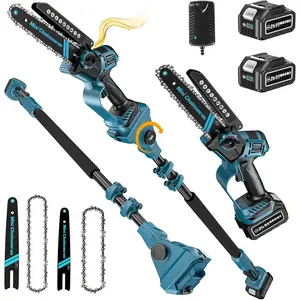 3-in-1 8" & 6" Electric Pole  and Mini  Cordless, Power Chain  with 2x21V 4.0Ah , Multi-Angle, 15Ft Reach Extension Polesaw for Tree Trimming, Limb Branch