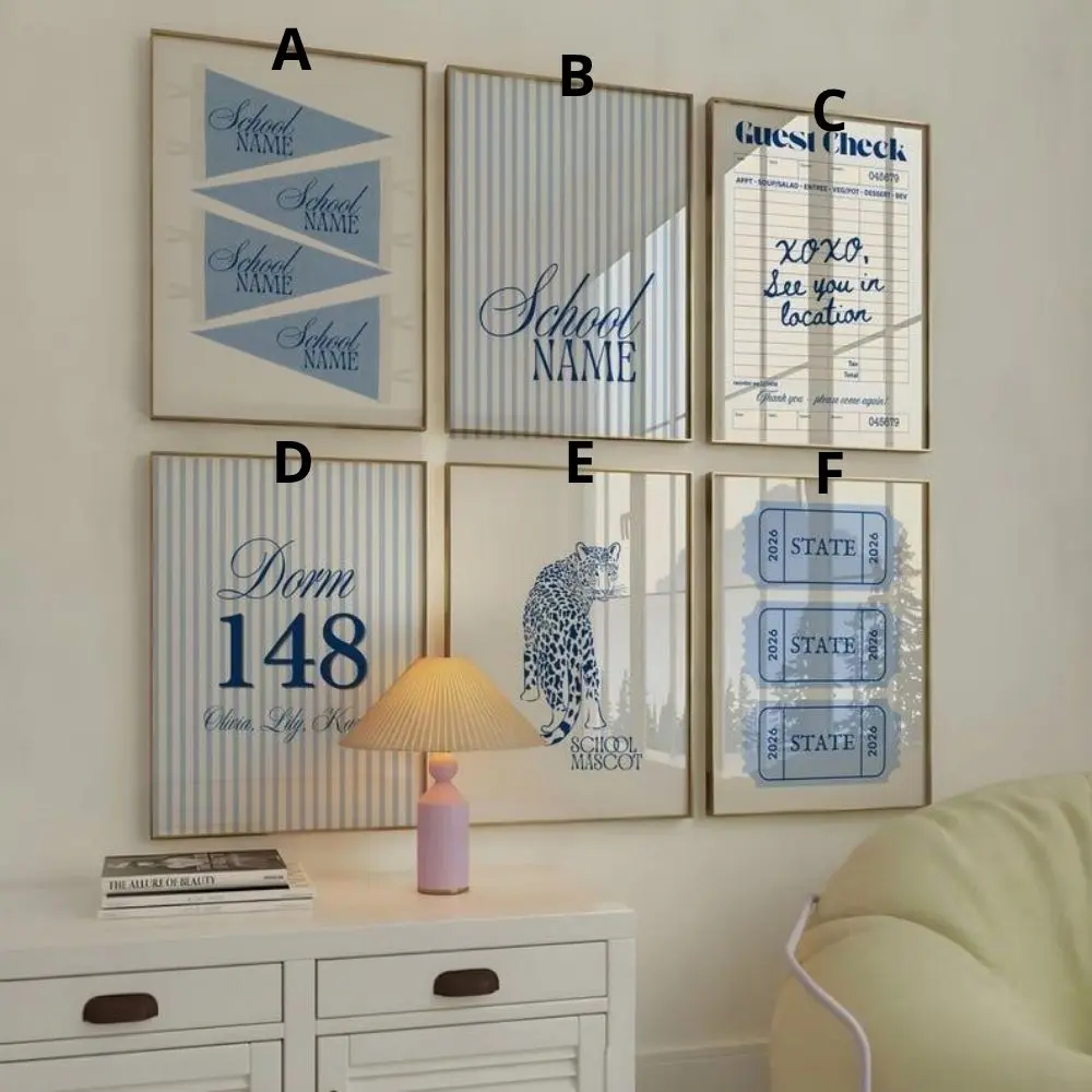 Custom College Dorm Wall Art Set of 6, Personalized University Gallery Wall, Blue Preppy Dorm Decor, Mascot & Guest Check Print