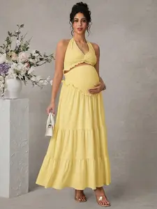 ELARA Women's Solid Color Camisole Twist Knot Elegant Top & Long Maternity Dress 2-Piece Set