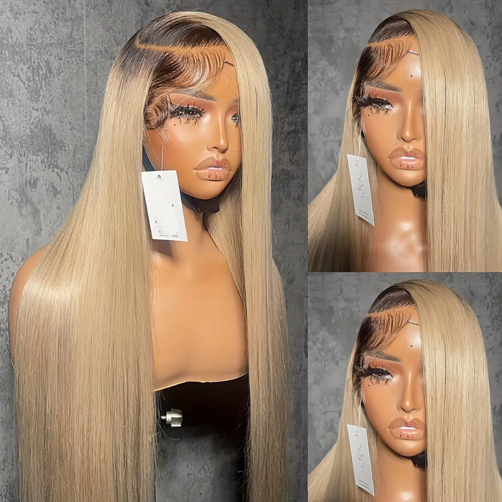 13x4 Ombre Brown to Blonde Long Straight Wig 28" HD Glueless Lace Front Wigs Pre Plucked Natural Hairline 180% Density Synthetic Hair 13x4 Lace Wig for Cosplay Party Easy to Install Heat Resistant Fiber Hair Frontal Lace Replacement Wigs for Women