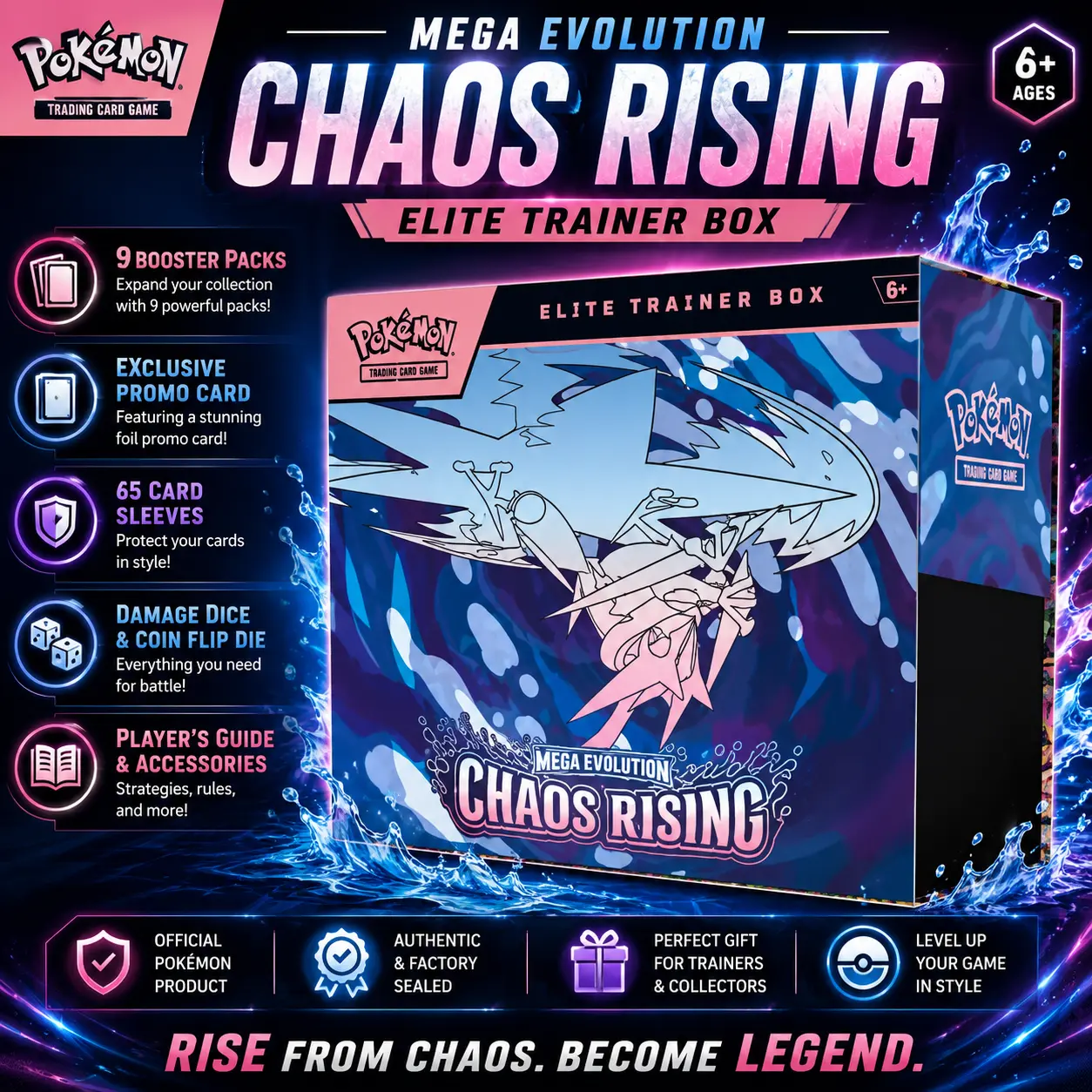 Pokemon Mega Evolution Chaos Rising Elite Trainer Box (ETB) - Factory Sealed | 9 Booster Packs, Fennekin Promo, Sleeves, Dice & Collector Box