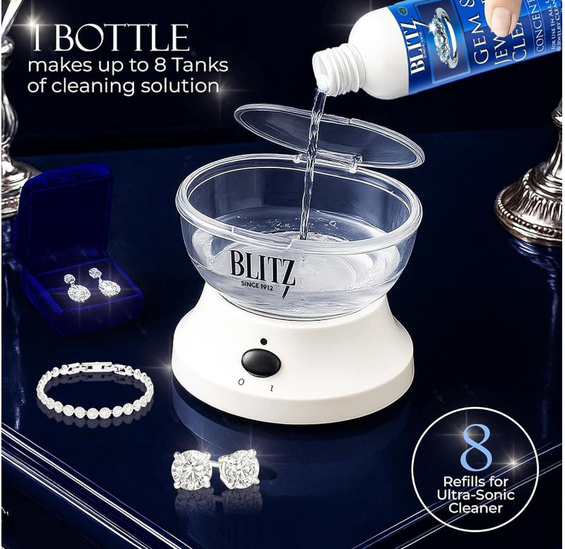 Blitz Gem & Jewelry Cleaner Liquid Concentrate for Gold, Silver, & Platinum Jewelry Cleans Non-Porous, Precious & Semi-Precious Stones. Non-Toxic, Non-Abrasive, & Planet Friendly Made in USA 8oz