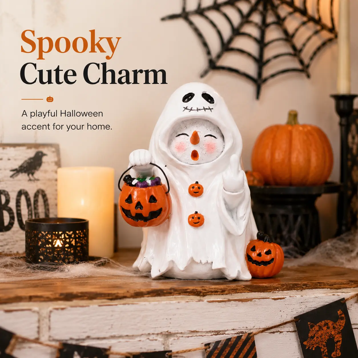 HODAO NOONO Spooky Cute Charm Halloween Decorative Figurine, Resin Collectible with Pumpkin Basket and Festive Ornaments for Indoor Tabletop Tiered Tray & Home Decor