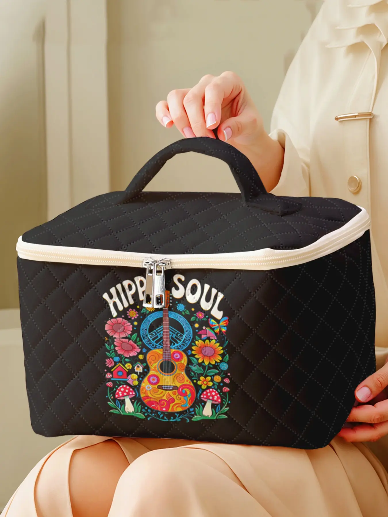 1 piece of guitar floral + hippie soul 2D printed portable travel makeup, brush and accessory organizer, storage box toolbox, large capacity travel wash and rinse supplies storage bag, cute and fashionable makeup bag