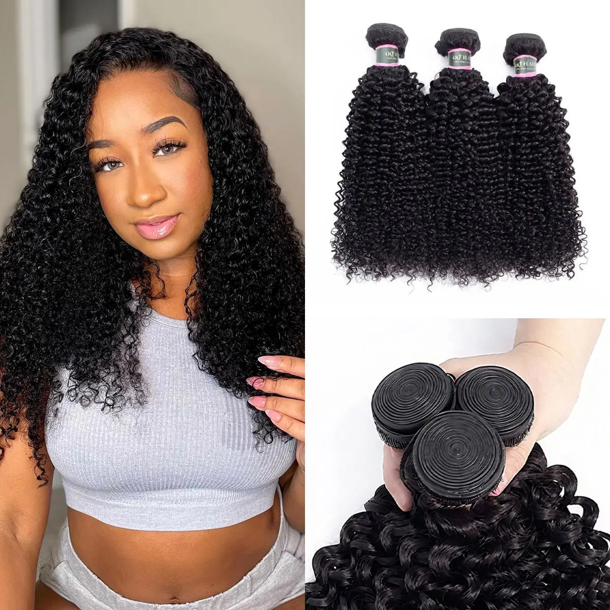 OQ HAIR Kinky Curly Bundles Human Hair 3 Bundles for Women Unprocessed Weft Extensions Natural Black OQ HAIR Kinky Curly Bundles Human Hair 3 Bundles for Women Unprocessed Weft Extensions Natural Black