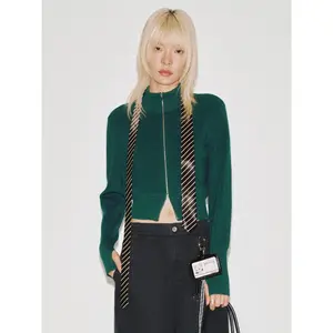 URBAN REVIVO 2026 Spring Trending Women's Full-Sleeve Stand-Collar Zip-Front Cropped Knitting Fabric Cardigan UYV960011 - Wool Knitwear Casual Street Style Clothes
