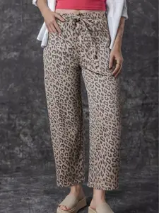 Women's Leopard Print Barrel Jeans - Casual High Waisted Drawstring Elastic Baggy Pants with Pockets