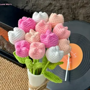 LuneMart 12-Pcs Handmade Crochet Tulip Flower Bouquet without Vase, Artificial Flower Bouquet, Mother's Day Gifts, Fall Room Decor, Summer Tulips Artificial Decorative, Home Centerpieces Decor Wedding Anniversary