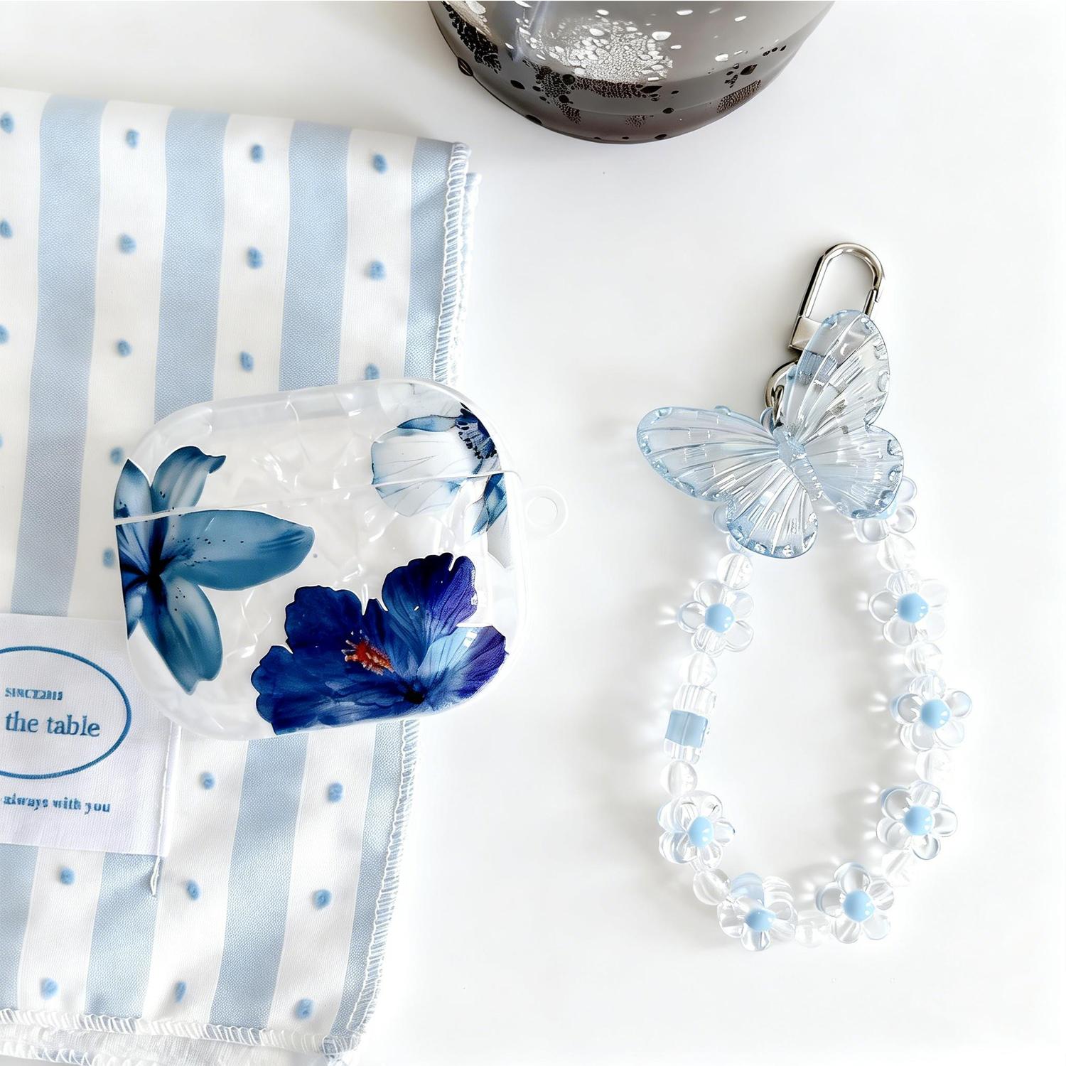 For AirPods 1/2/3/4 Pro/Pro2/Pro3 Cute Blue Butterfly Flower Case with Beaded Bracelet