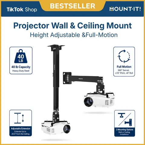 Mount-It! Durable Steel Full Motion Projector Mount - Audio & Video Accessories, Adjustable 4.5"-25.5" Height, ±15° Pitch, 360° Full Swivel, 40 lb Load Capacity, Quick-Release Connector, Maintenance-Friendly