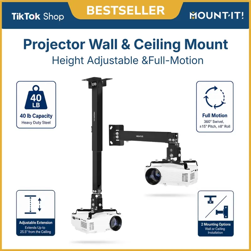 Mount-It! Durable Steel Full Motion Projector Mount - Audio & Video Accessories, Adjustable 4.5"-25.5" Height, ±15° Pitch, 360° Full Swivel, 40 lb Load Capacity, Quick-Release Connector, Maintenance-Friendly
