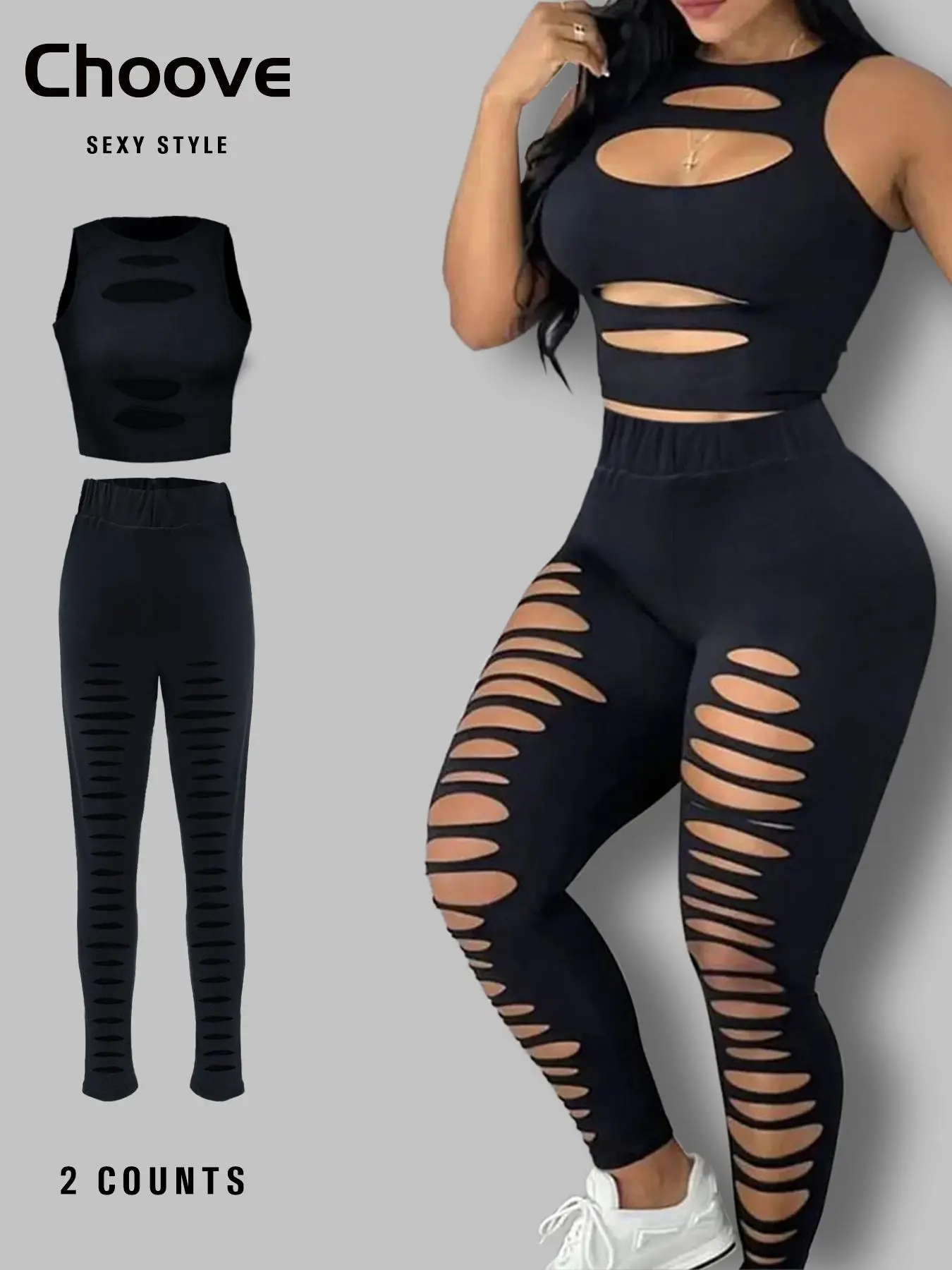 Women's Sexy Plain Cut Out Crewneck Crop Tank Top & Ripped High Waist Leggings Two-piece Set, Minimalist Sleeveless Round Neck Top & Skinny Pants, Cas