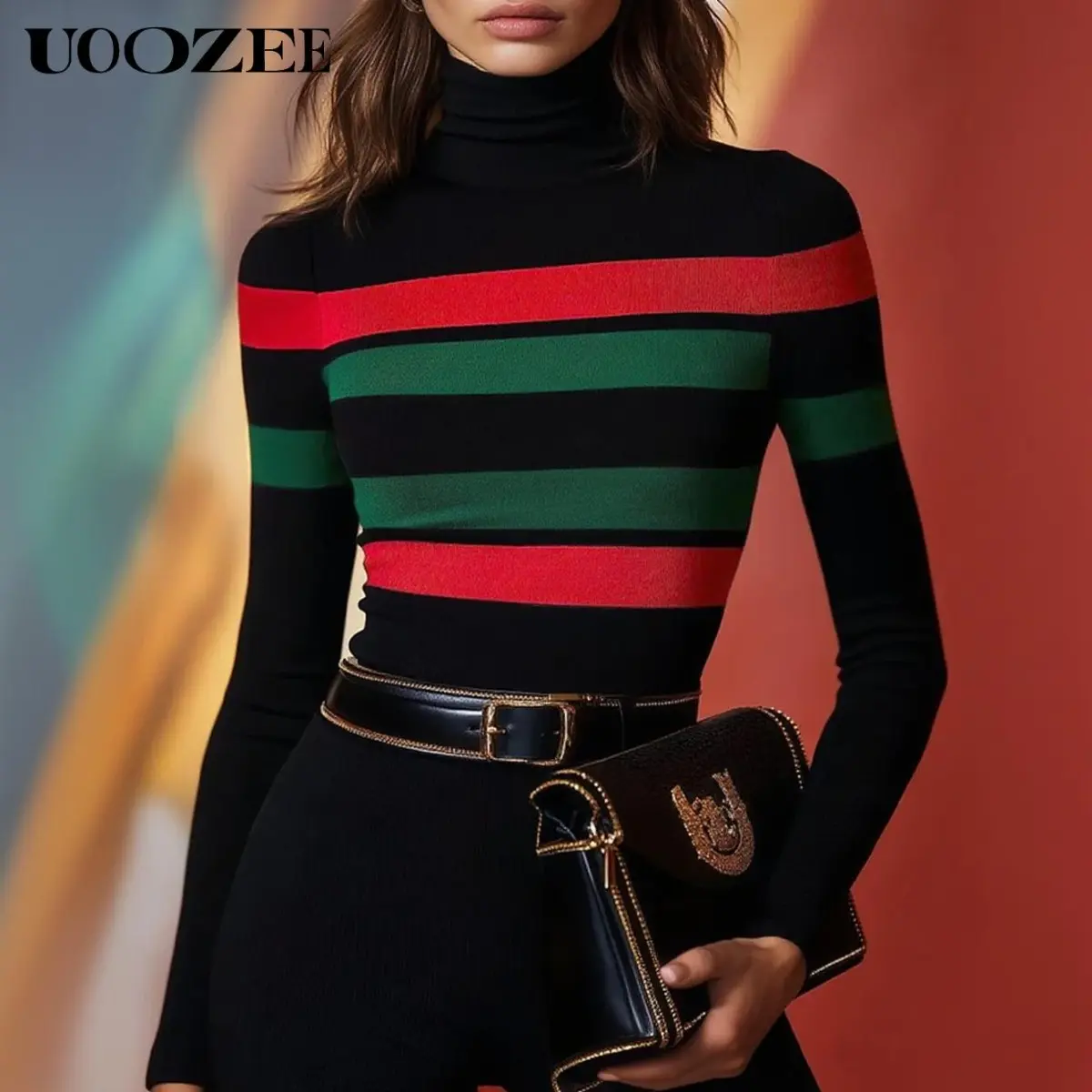 UOOZEE Women's Retro Striped Turtleneck Knitwear, Slim-Fit Long-Sleeve Lightweight Ribbed Casual Top, Viscose-Nylon Blend Strappy Chunky Metallic Cardigan, Bottoms, Blazer