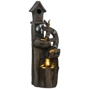 Outdoor Water Fountain – 3-Tier Cascading Waterfall with LED Lights & Water Wheel. 2-in-1 Birdhouse on Top. Rustic Tree Trunk & Ship Wheel Design. Adjustable Flow. Weather-Resistant Resin