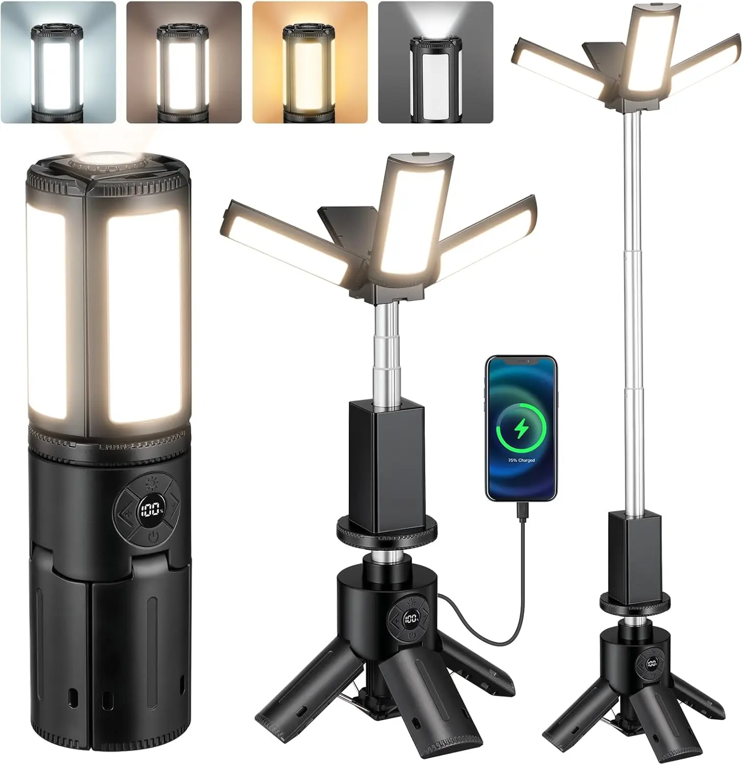 3-Head LED Camping Light with 12000mAh Power Bank - Portable Rechargeable Work Light with 67" Adjustable Stand & Detachable Tripod for Outdoor, Emergency, Camping, Fishing, Garage