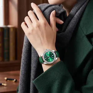 Luxury Green Women's Watch - Elegant Diamond Bezel Quartz Wristwatch, Emerald Green Leather Strap, Sophisticated Classic Fashion Watch for Ladies, Ideal Gift for Her, Water-Resistant