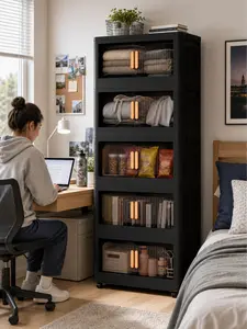 home space-saving organizer 20" Black Folding Storage Cabinet, 5 Tiers Collapsible Bins with Magnetic Doors & 360° Wheels, Heavy Duty Plastic Portable Closet for Bedroom Kitchen Dorm, Saves Space, No Tools, 150LBS , American Design, Multifunctional